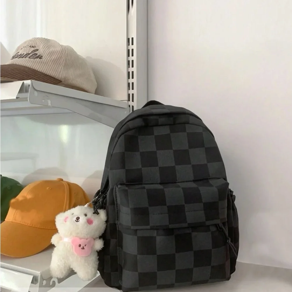 Waterproof,Lightweight Checkered Pattern Functional Backpack With Bag Charm
